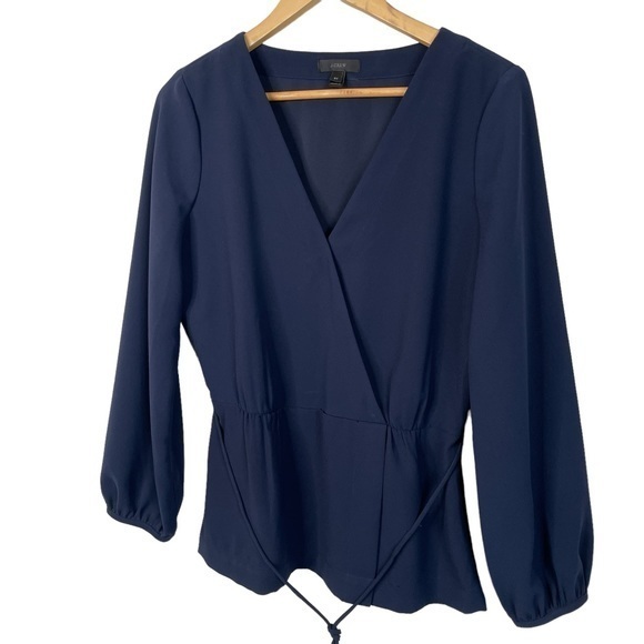 J. Crew | Navy Blue Faux Wrap Blouse V Neck and Side Zipper Size 8 Tall - Picture 2 of 10